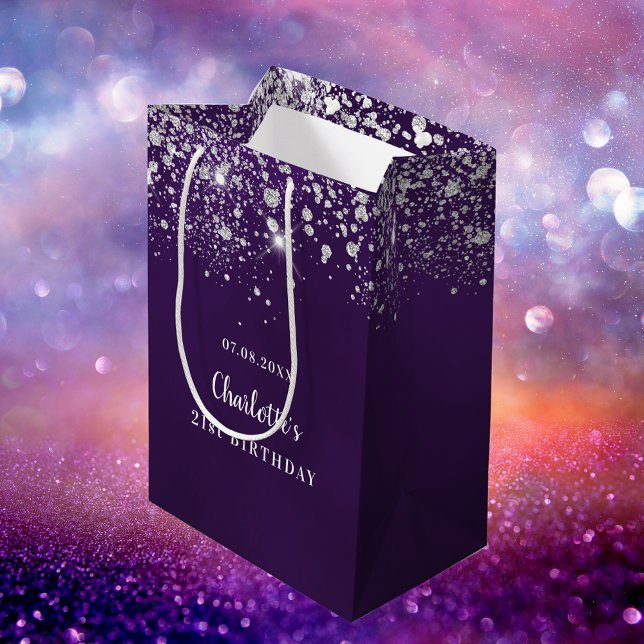 Birthday purple silver glitter dust monogram medium gift bag (Creator Uploaded)