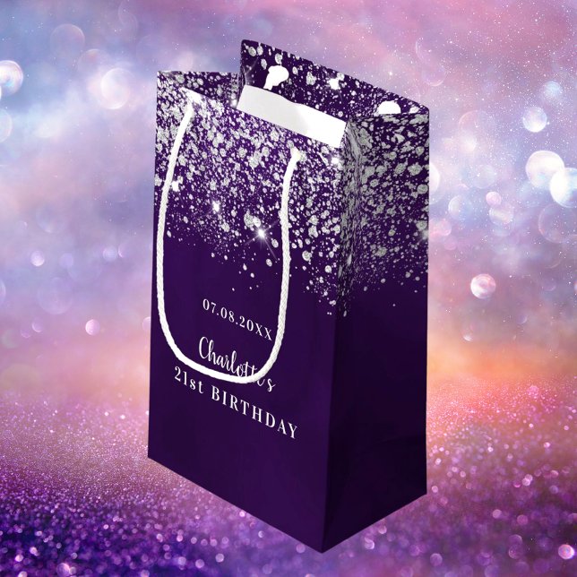 Birthday purple silver glitter dust monogram small gift bag (Creator Uploaded)