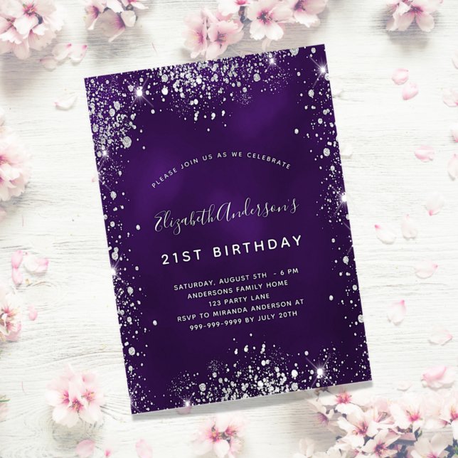 Birthday purple silver glitter invitation (Creator Uploaded)