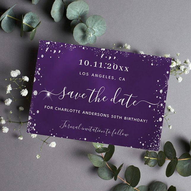 Birthday purple silver glitter save date save the date (Creator Uploaded)