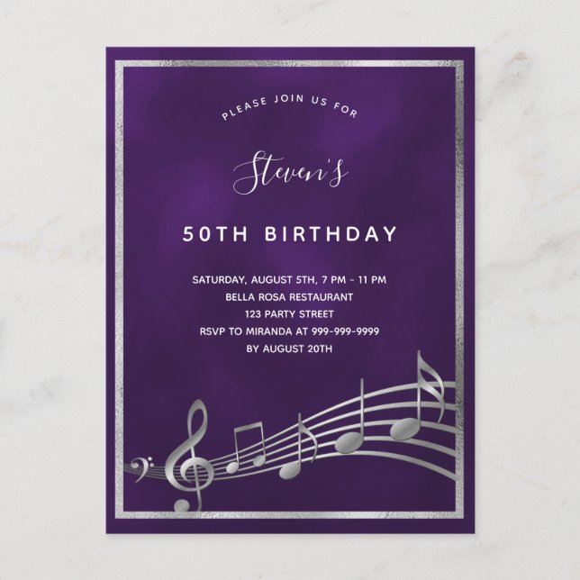 Birthday purple silver music notes invitation postcard (Front)