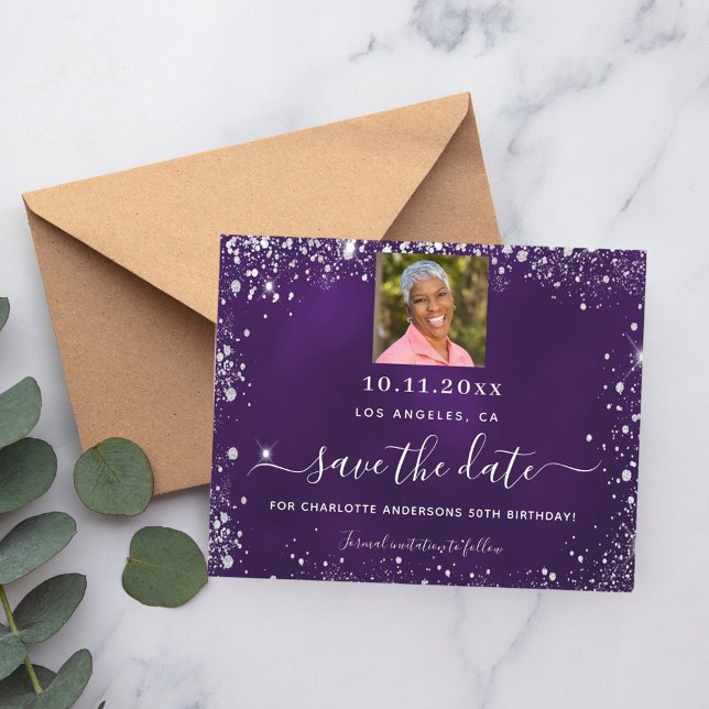 Birthday purple silver photo save date flyer (Creator Uploaded)