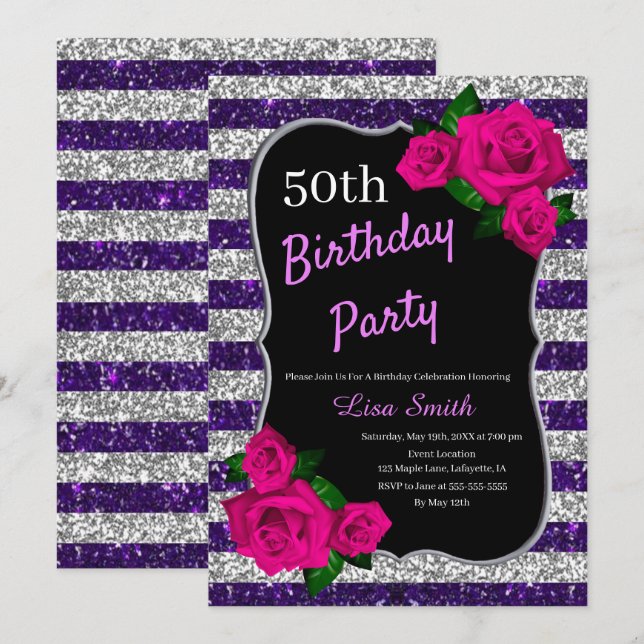 Birthday Purple Silver Stripes Glitter Pink Roses Invitation (Front/Back)
