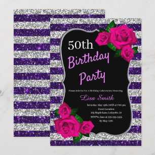 Birthday Purple Silver Stripes Glitter Pink Roses Invitation