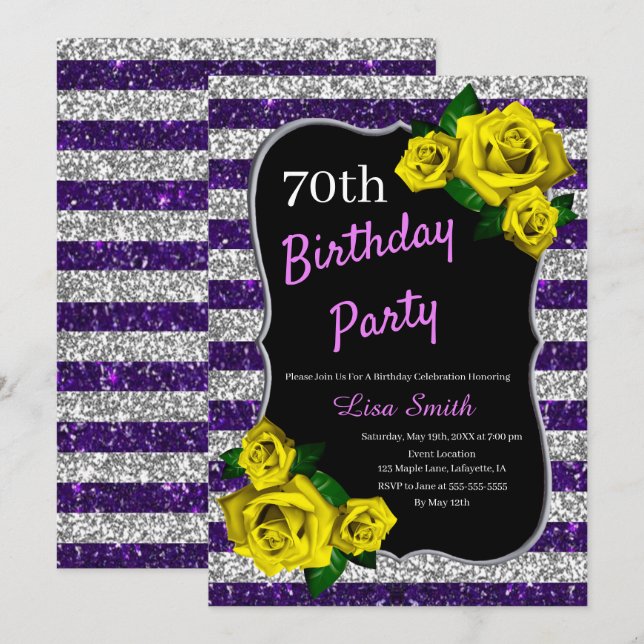 Birthday Purple Silver Stripes Glitter Yellow Rose Invitation (Front/Back)