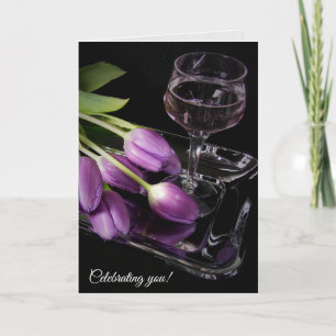 birthday purple tulips and wine card