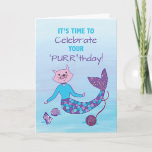 Birthday Purrmaid with Sparkly Glitter Look Card