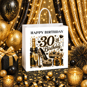 Birthday Queen 30th Birthday Black Gold Glitter  Large Gift Bag