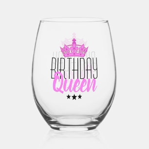 Birthday Queen and Pink Crown Stemless Wine Glass