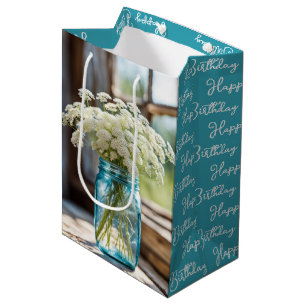 Birthday Queen Anne's Lace In Aqua Mason Jar Medium Gift Bag