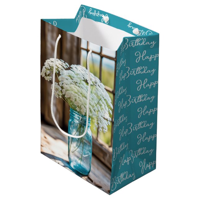 Birthday Queen Anne's Lace In Aqua Mason Jar Medium Gift Bag (Front Angled)