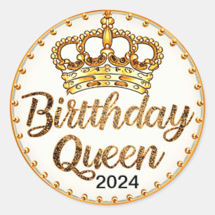 Birthday Queen Gold Crown Party 2024 Girls Bday Classic Round Sticker