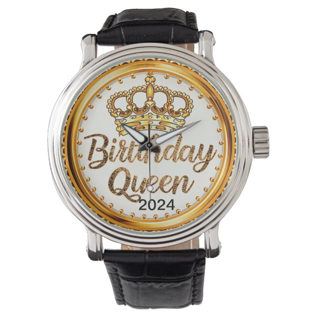 Birthday Queen Gold Crown Party 2024 Girls Bday Watch (Front)