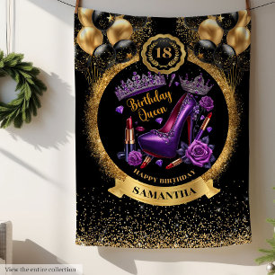 Birthday Queen High Heels Gold Balloons Purple Fleece Blanket