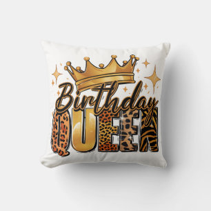 Birthday Queen with Golden Crown Leopard Cushion