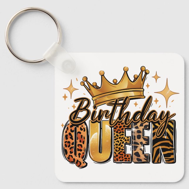 Birthday Queen with Golden Crown Leopard Key Ring (Front)
