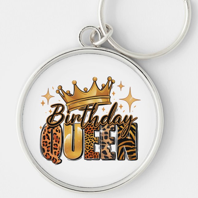 Birthday Queen with Golden Crown Leopard Key Ring (Front)