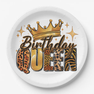Birthday Queen with Golden Crown Leopard Paper Plate