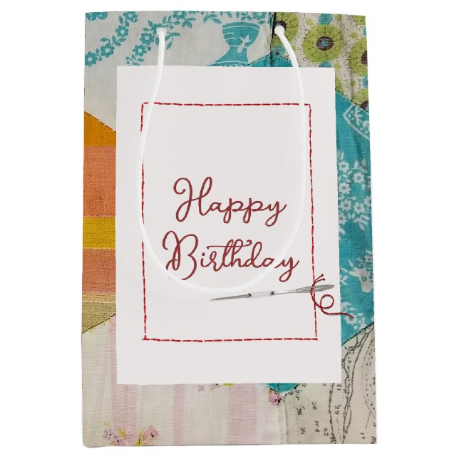 Birthday Quilt Pattern with Needle Medium Gift Bag (Front)