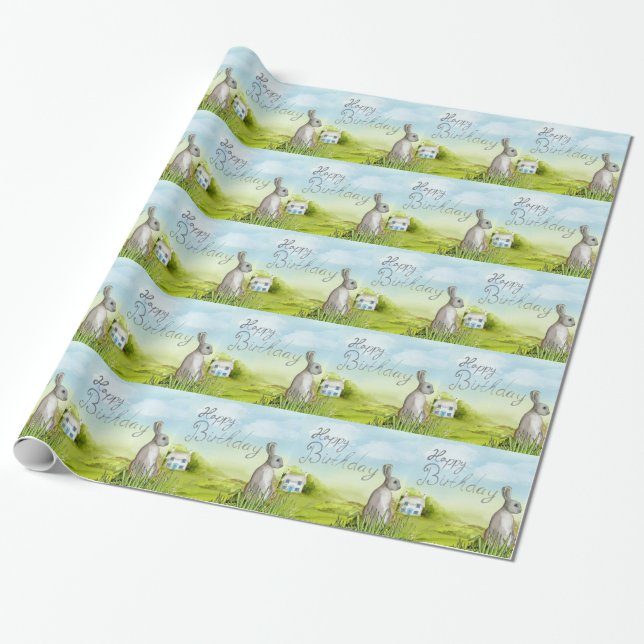 Birthday Rabbit Wrapping Paper (Unrolled)