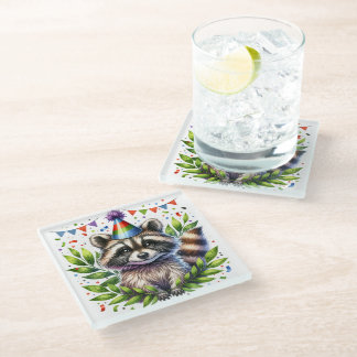 Birthday Raccoon Kids, birthday party, fun design Glass Coaster