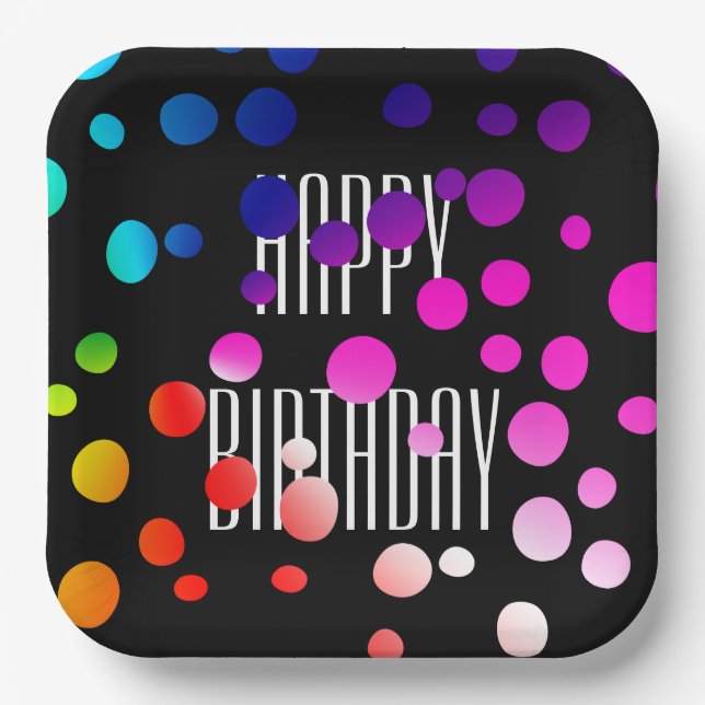 Birthday Rainbow Dots on Black Paper Plate (Front)