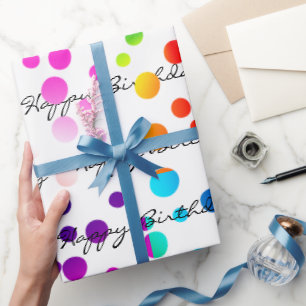 Birthday Rainbow Dots On White  Wrapping Paper