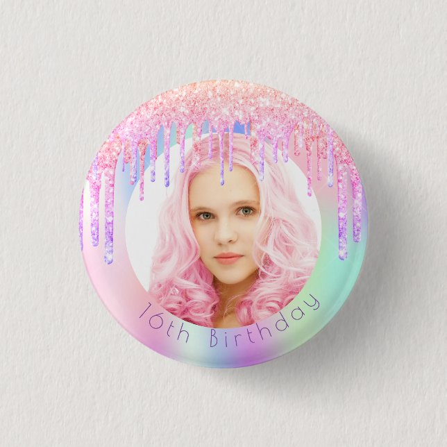 Birthday rainbow glitter drips custom photo pink 3 cm round badge (Front)