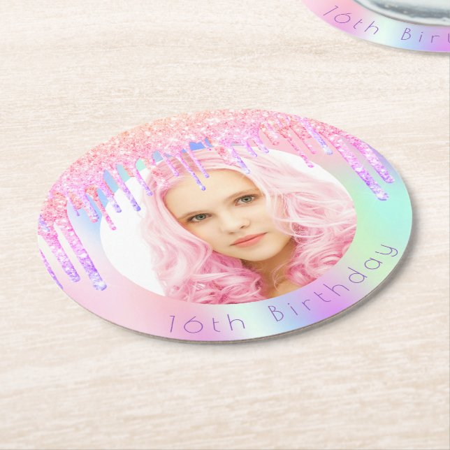 Birthday rainbow glitter drips custom photo pink round paper coaster (Angled)