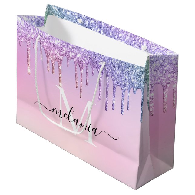 Birthday rainbow glitter drips monogram pastel large gift bag (Front Angled)