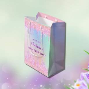 Birthday rainbow glitter drips pink monogram medium gift bag