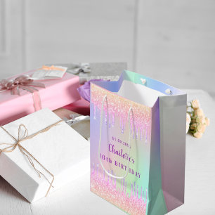 Birthday rainbow glitter drips pink monogram medium gift bag