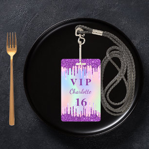 Birthday rainbow glitter purple VIP invitation ID Badge