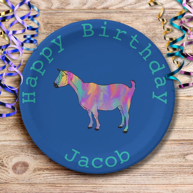 Birthday Rainbow Goat Farm Animal Add Name Jacob Paper Plate (Cute goat colorful farm animal art custom blue birthday party paper plate add name)