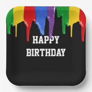 Birthday Rainbow Paints Drips  Paper Plate