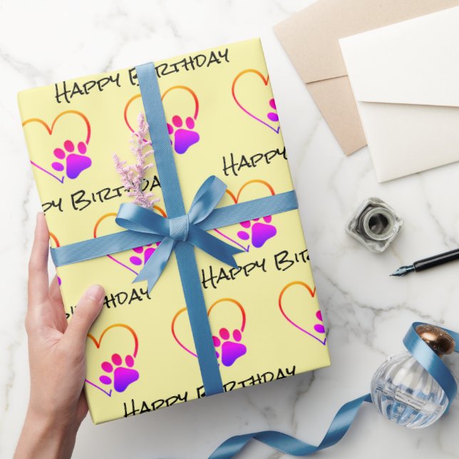 Birthday Rainbow Paw Print with Heart  Wrapping Paper (Gifting)