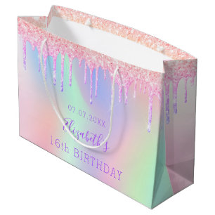 Birthday rainbow pink glitter drips monogram large gift bag