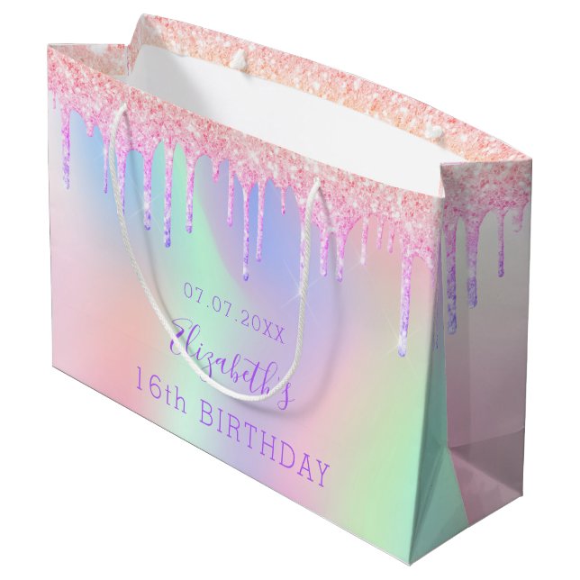 Birthday rainbow pink glitter drips monogram large gift bag (Back Angled)
