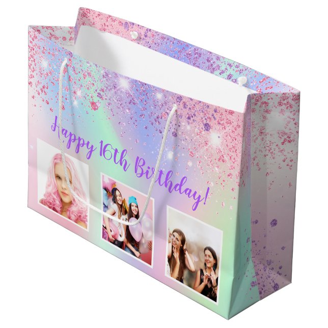 Birthday rainbow pink glitter purple custom photo large gift bag (Front Angled)