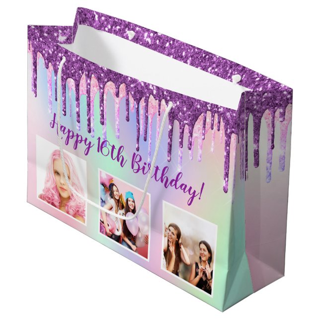 Birthday rainbow purple glitter drips custom photo large gift bag (Front Angled)
