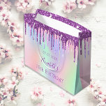 Birthday rainbow purple glitter drips monogram large gift bag<br><div class="desc">A gift bag for a girly and glamourous 21st (or any age) birthday. A unicorn, rainbow coloured background with faux glitter drips, paint dripping look in pink and purple. Personalise and add a date, name and age 21. The text: The name is written in purple with a modern hand lettered...</div>