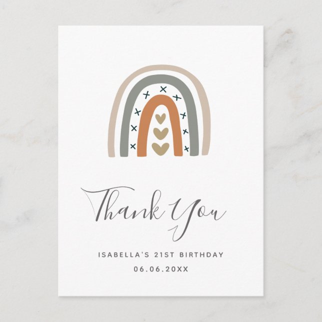 Birthday rainbow rose gold grey white thank you postcard (Front)