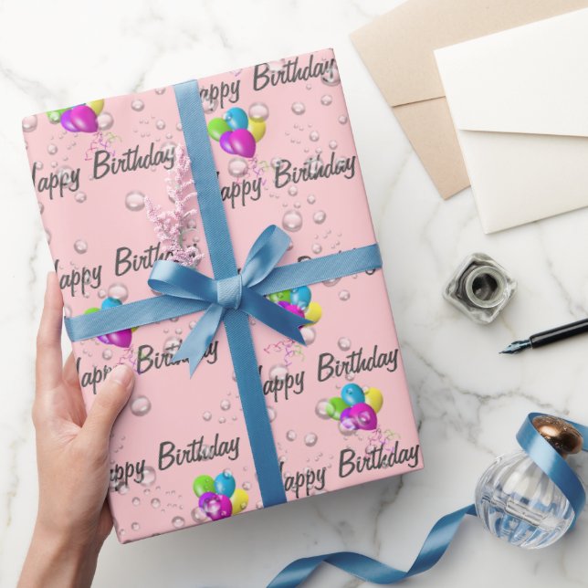 Birthday Raindrops and Balloons on Pink Wrapping Paper (Gifting)