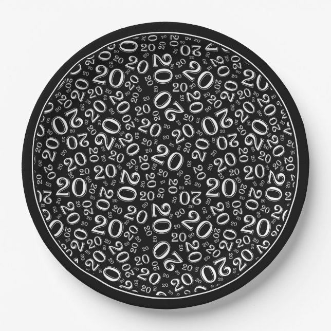 Birthday Random Number Pattern Black/White 20 Paper Plate (Front)