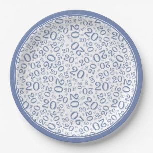 Birthday Random Number Pattern Blue/White 20 Paper Plate