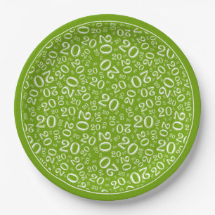 Birthday Random Number Pattern Green/White 20 Paper Plate