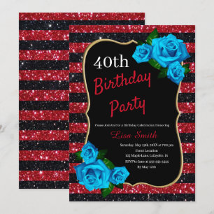 Birthday Red Black Stripes Glitter Blue Roses Invitation
