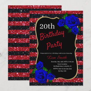 Birthday Red Black Stripes Glitter Deep Blue Roses Invitation