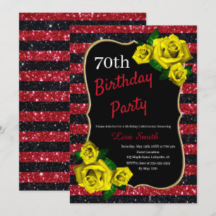 Birthday Red Black Stripes Glitter Yellow Roses Invitation