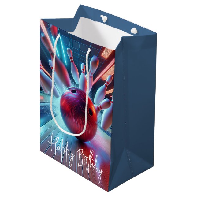 Birthday Red Bowling Ball Strike Medium Gift Bag (Front Angled)